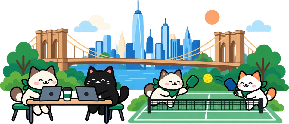 Two agents working at laptops on a bench while two more play a point on a pickleball court, with the Brooklyn Bridge and the Manhattan skyline behind them.