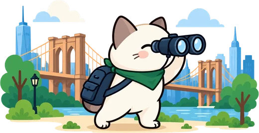 Scout with binoculars on the waterfront, the bridge and skyline behind.