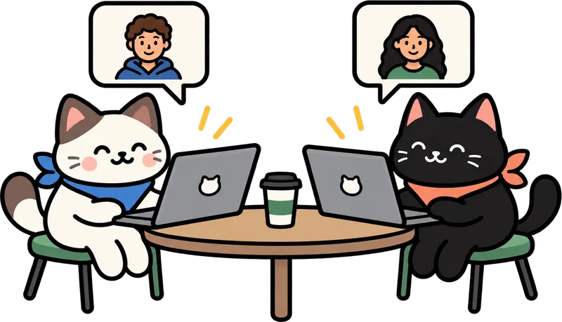 Two agents at a table with laptops open, a card with a person on it above each.